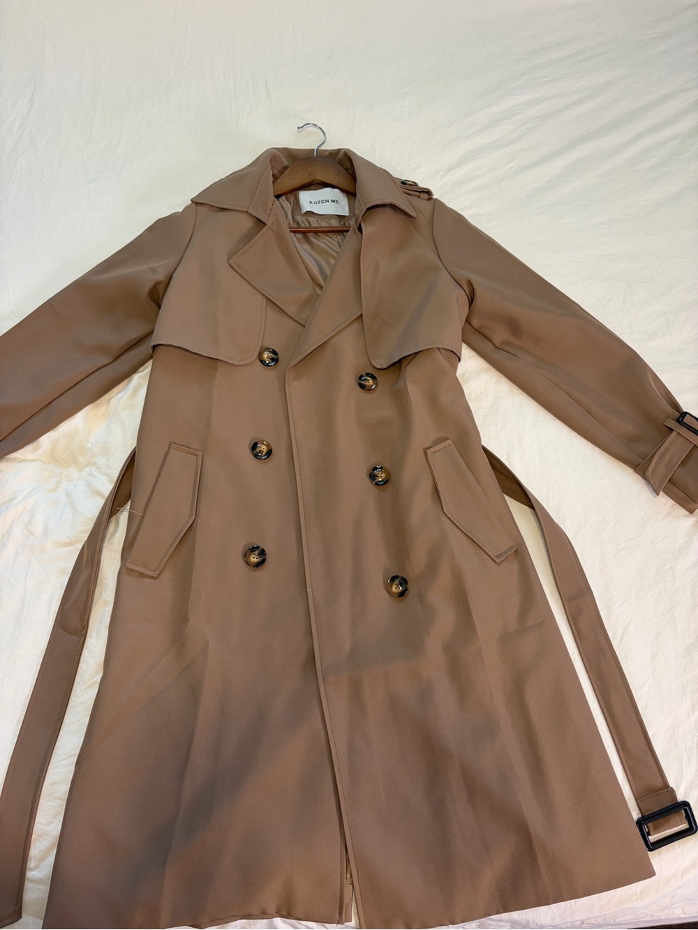 Taupe Double-Breasted Trench Coat with Belt
